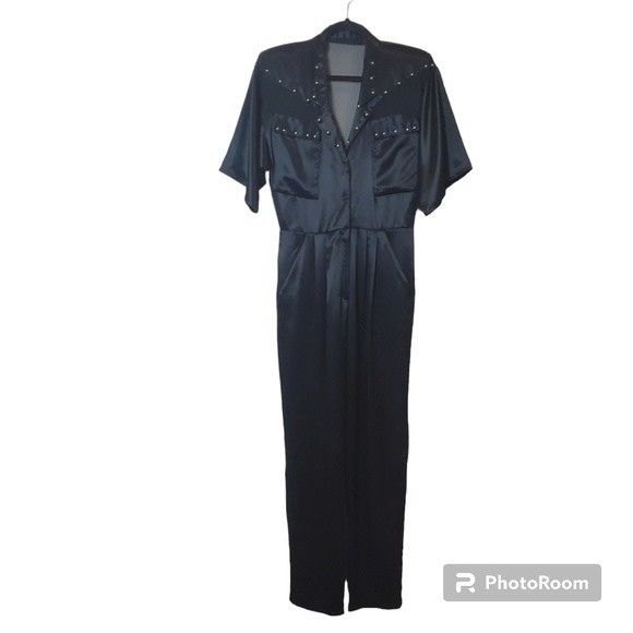 Vintage 80's black satin with studs V-neck Romper jumpsuit. - Picture 3 of 8